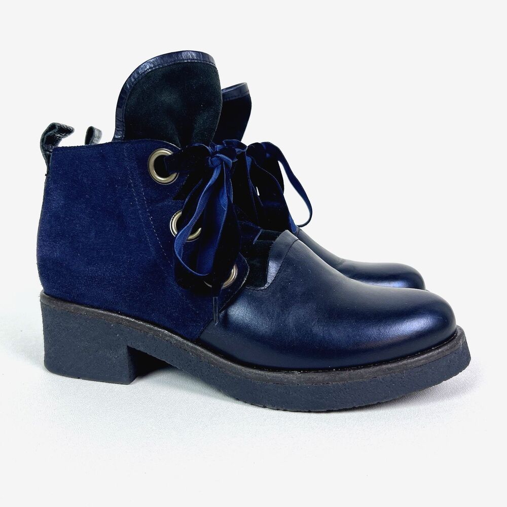 Casta Handmade Ankle Booties Navy Suede Velvet Laces Inner Zipper Sz EU 38